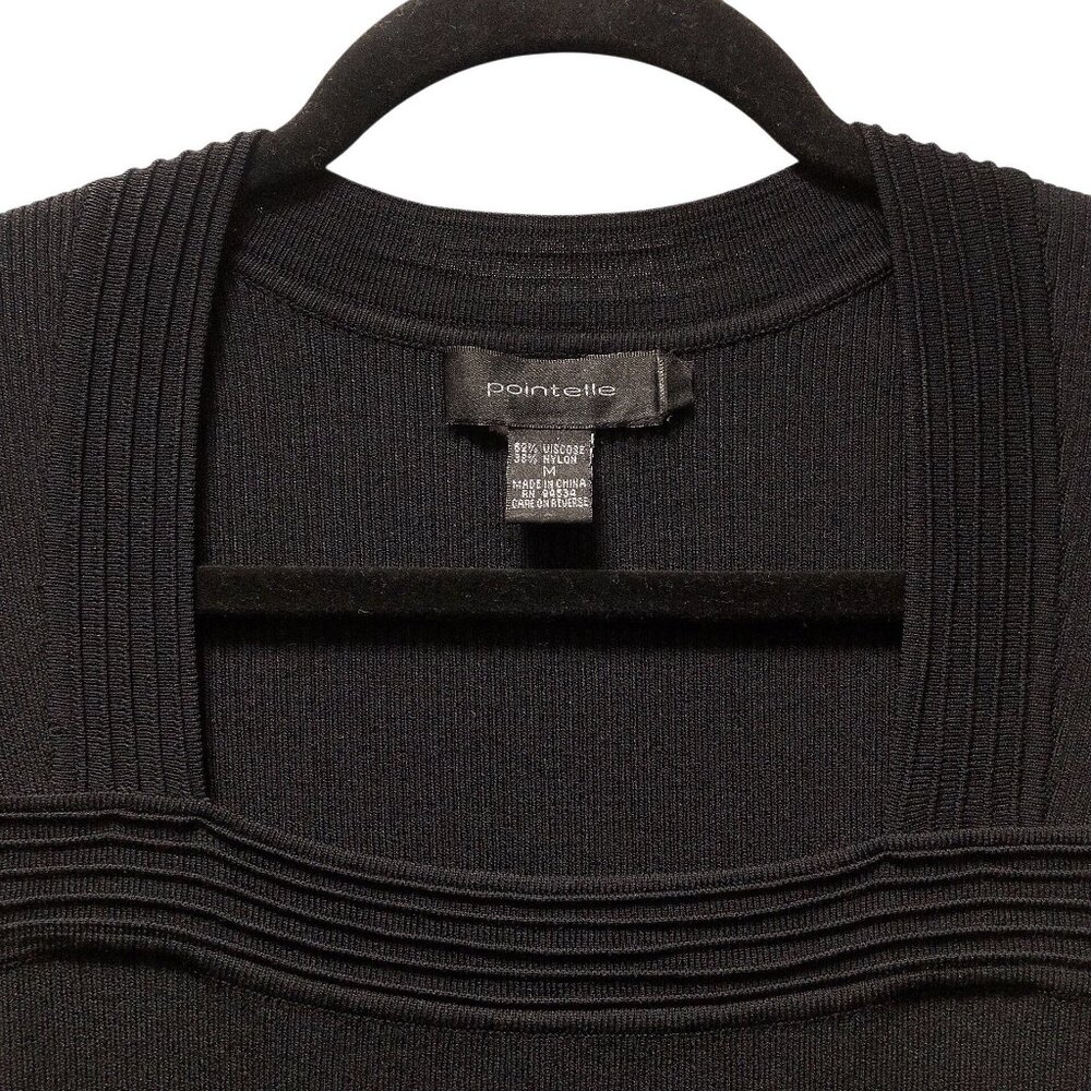 Pointelle Solid Black Square Neckline Ribbed Long… - image 4